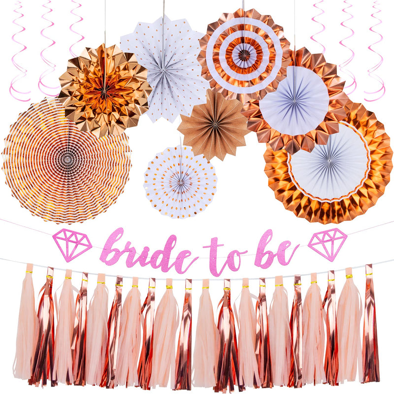 Bride to Be Bachelorette Party Decorations Kits-Rose Gold Bridal Shower Party Decor and Supplies-bride to be banner Fiesta Paper Fans Paper Tassels Party Garland Rose Gold Hanging Swirls - PawsPlanet Australia