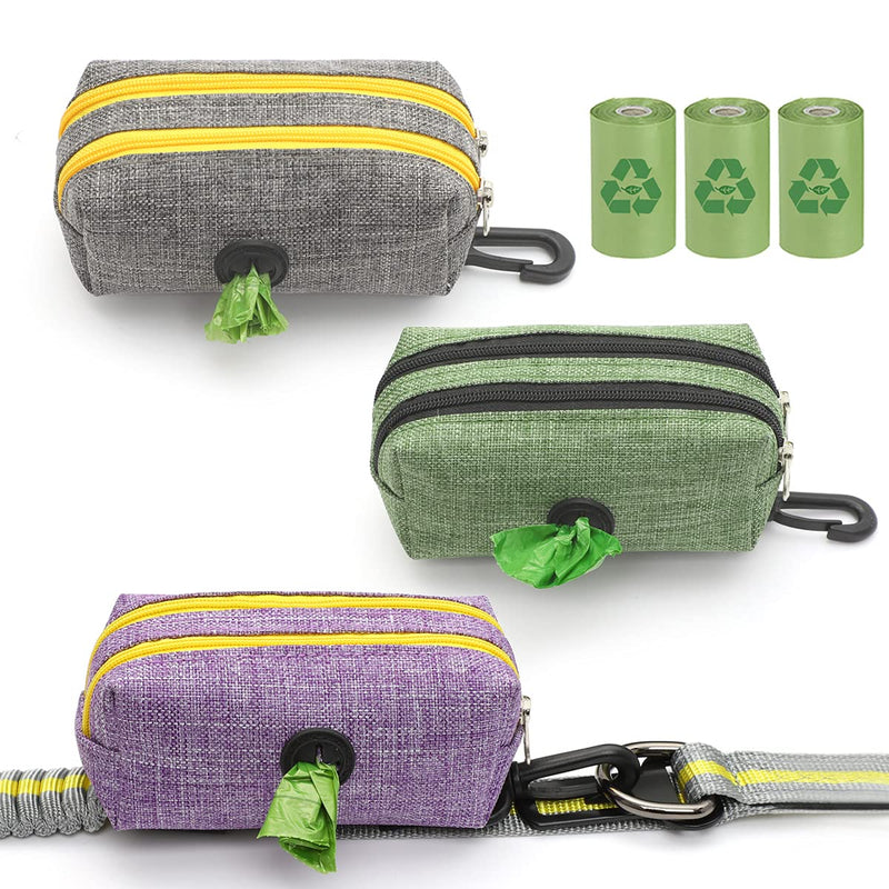 SEVVIS Dog Poop Bag Dispenser-Dog Poop Bag Holder for Leash - Portable Dog Leash Waste Bag Dispenser 900D Waterproof Fabric Velcro with Carabiner Clip,2 Auto Lock Zippers Large Storage,3 Packs Green+Grey+Purple 3 bag holders - PawsPlanet Australia