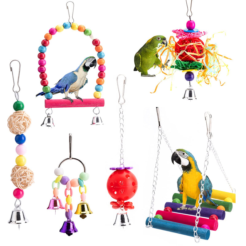 Fansisco 6 Pcs Bird Toys, Parrot Swing Chewing Toys, Colorful Pet Bird Cage, Hammock Swing Toy, Hanging Bell for Small Parakeets, Parrots, Love Birds, Cockatiels, Conures, Macaws, Finches pattern - PawsPlanet Australia