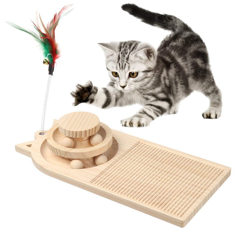 APVTI Wooden Cat Scratcher Pad Two-Layer Cat Turntable with Interactive Balls and Track Cat Toys Pet Supplies Washboard shape - PawsPlanet Australia