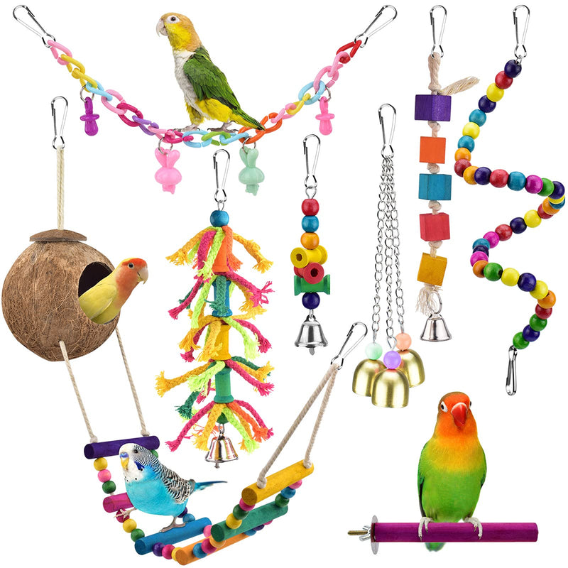 KATUMO Bird Toys, Natural Coconut Bird House with Colorful Ladder Hanging Chewing Toys Hammock Climbing Ladder Bird Colorful Toys with Bells for Parakeet, Conure, Cockatiel, Mynah, Love Birds, Finch - PawsPlanet Australia