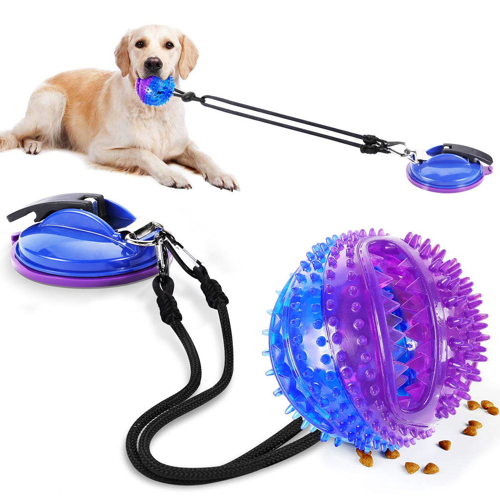AMZLIFE Suction Cup Dog Chew Toy for Aggressive Chewers, Interactive Puzzle Ball Toy for Large Breed & Medium Dog Teeth Cleaning, Treats Training, Squeaky Tough Rope Tug Toy Gift w/Bell, Blue Purple - PawsPlanet Australia