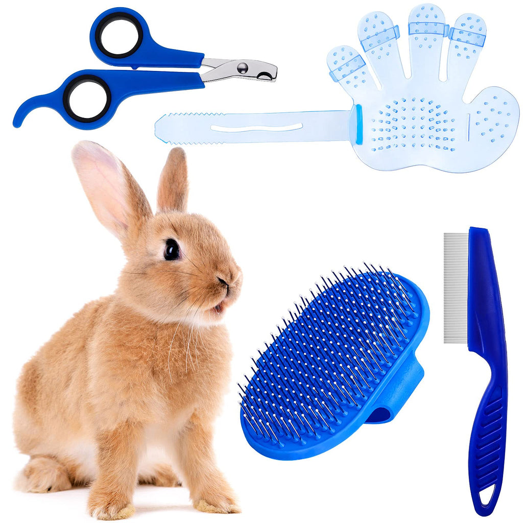 4 Pieces Rabbit Grooming Kit with Rabbit Grooming Brush, Pet Hair Remover, Pet Nail Clipper, Pet Comb, Pet Shampoo Bath Brush with Adjustable Ring Handle for Rabbit, Hamster, Bunny Blue - PawsPlanet Australia