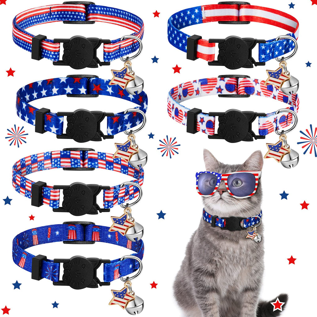 6 Pieces Patriotic American Flag Cat Collar Breakaway with Bells and Star Pendant Adjustable Collar for Cats Dogs Independence Day 4th of July Wearing - PawsPlanet Australia