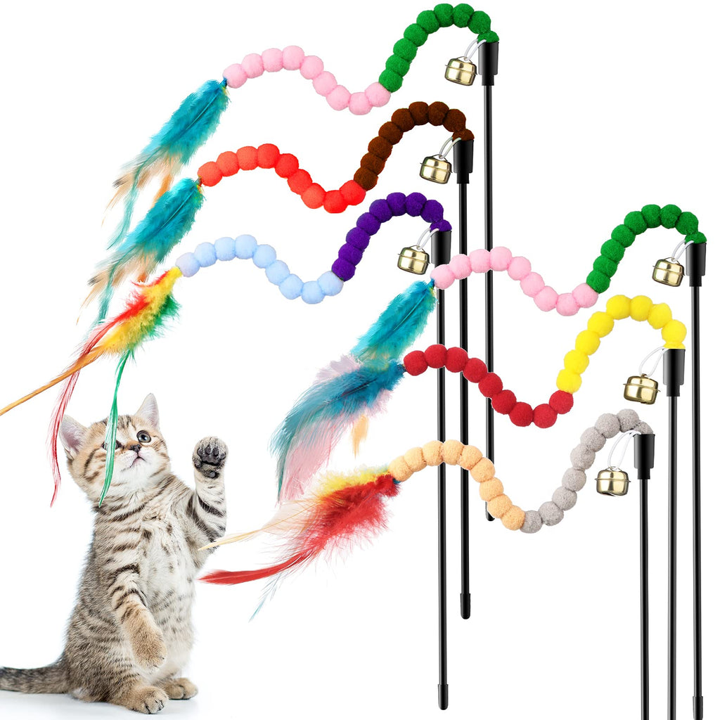 6 Pieces Cat Wand Interactive Cat Wand Toys with Feather and Bell Safe Cat Catcher Teaser Stick Toy Colorful and Sounding Rainbow Wand Toys for Kittens Training Pets Exerciser - PawsPlanet Australia