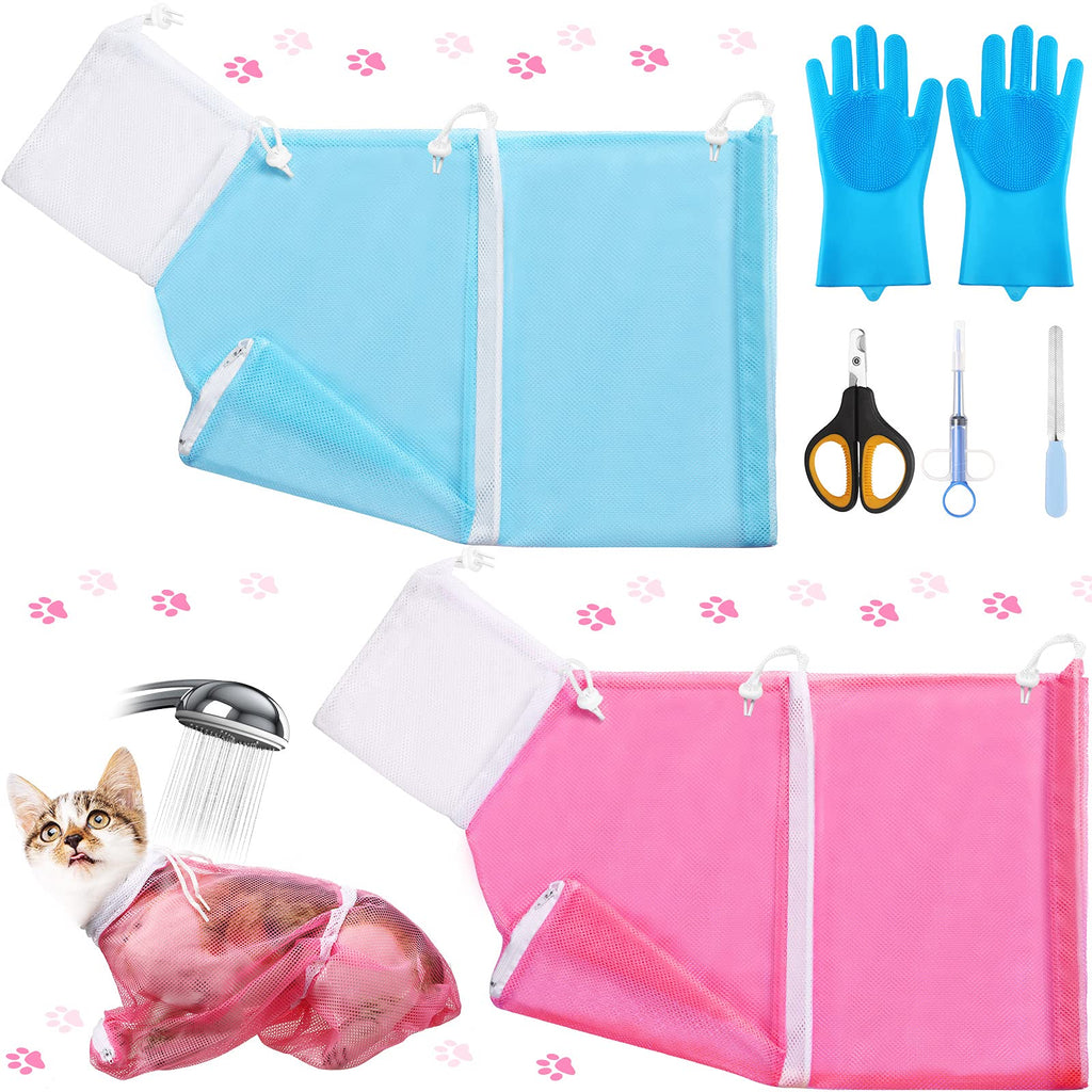 7 Pieces Cat Bathing Bag Set Include 2 Adjustable Multifunctional Cat Bath Bag Cat Grooming Glove Pet Nail Clipper Nail File Pet Liquid Feeder for Cat's Shower, Nail Trimming Bright Colors - PawsPlanet Australia