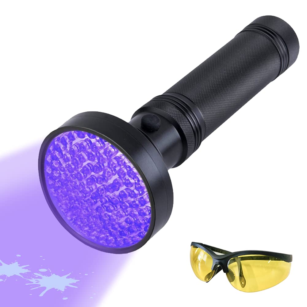 TooCust UV Black Light Flashlight, 100 LED 395nm Powerful Black Light Detector for Dog/Cat/Pet Urine and Invisible Stains with LED Sunglasses, Bright UV Blacklight for Scorpion Detection - PawsPlanet Australia