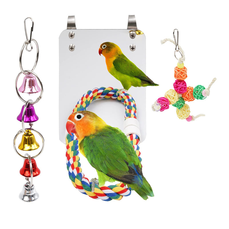 GEKUPEM 7 Inch Bird Mirror with Rope Perch Cockatiel Mirror Parrot Rattan Balls Hanging Bell Toys,for Small and Medium Parakeet Cockatiel Conure Finch Canaries - PawsPlanet Australia