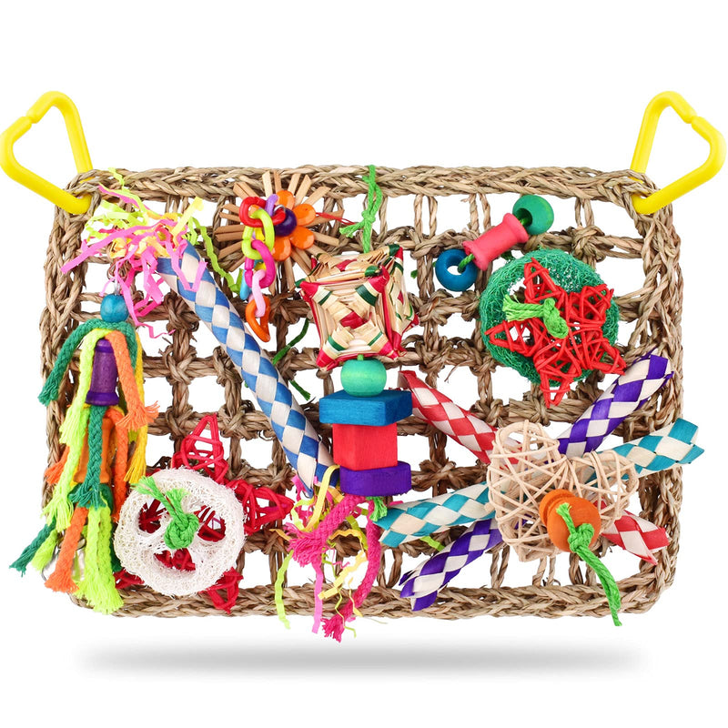 KATUMO Bird Toys, Bird Foraging Wall Toy, Edible Seagrass Woven Climbing Hammock Mat with Colorful Chewing Toys, Suitable for Lovebirds, Finch, Parakeets, Budgerigars, Conure, Cockatiel - PawsPlanet Australia