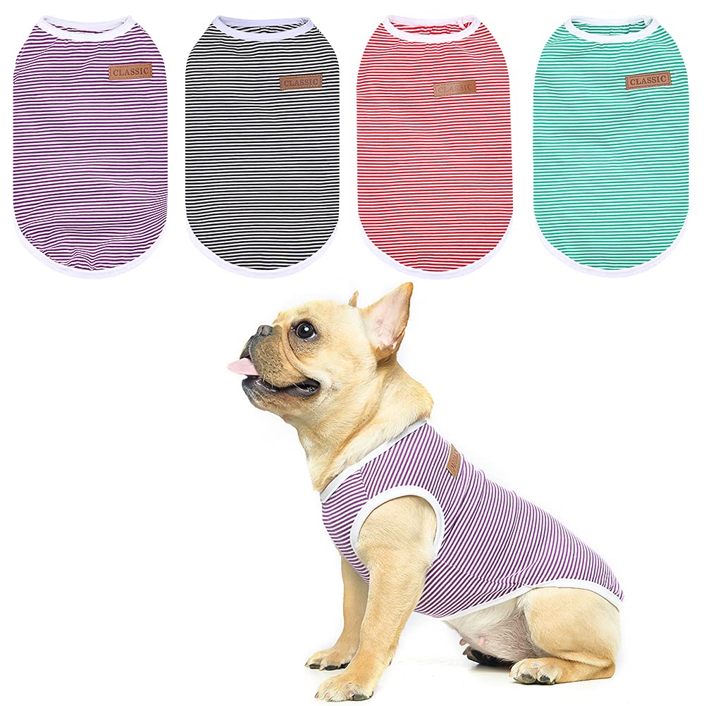 BINGPET Striped Dog T-Shirt 4 Pack - Pet Breathable Soft Cotton Basic Shirt Clothes for Summer, Fit Small Medium Boy Girl Dogs, Puppies - PawsPlanet Australia