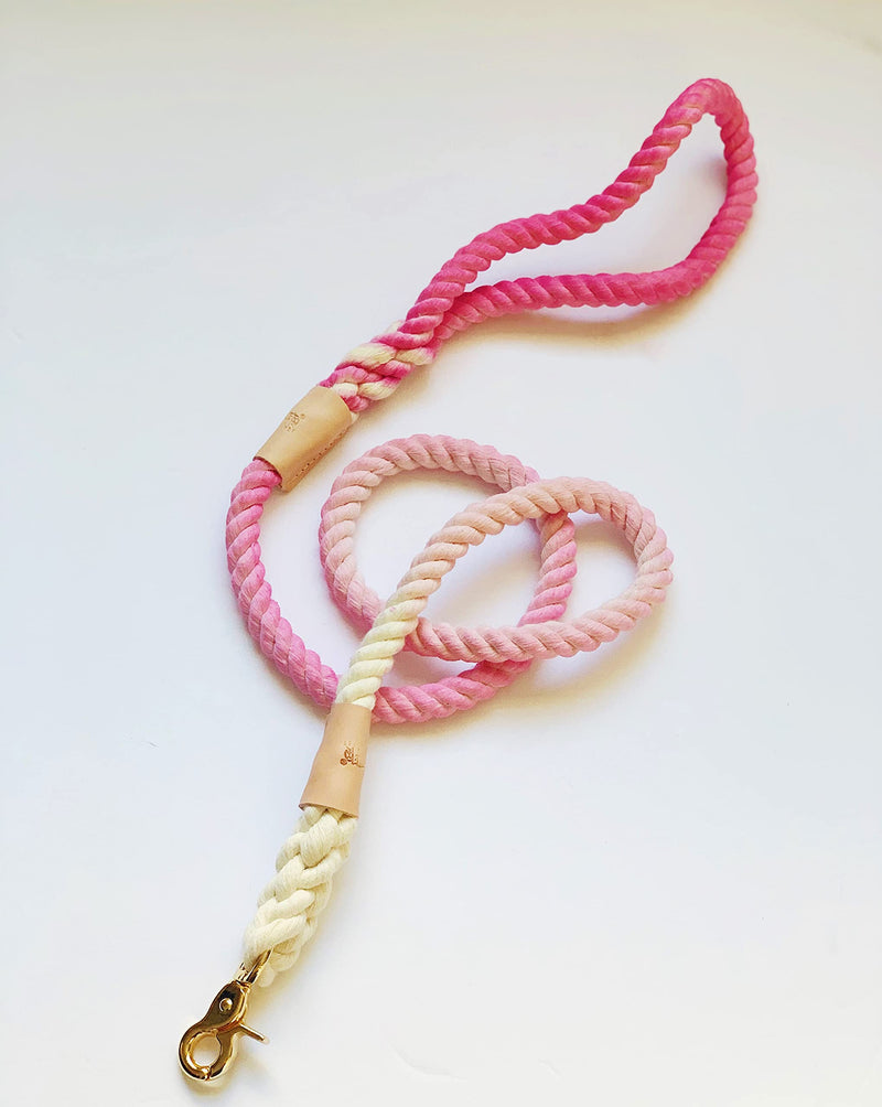 BULPET Eco Friendly Natural Cotton Handmade Dog Ombre Pink Rope Leash with Genuine Leather and Gold Brass Hardware/ 5 Ft/ All Dogs - PawsPlanet Australia