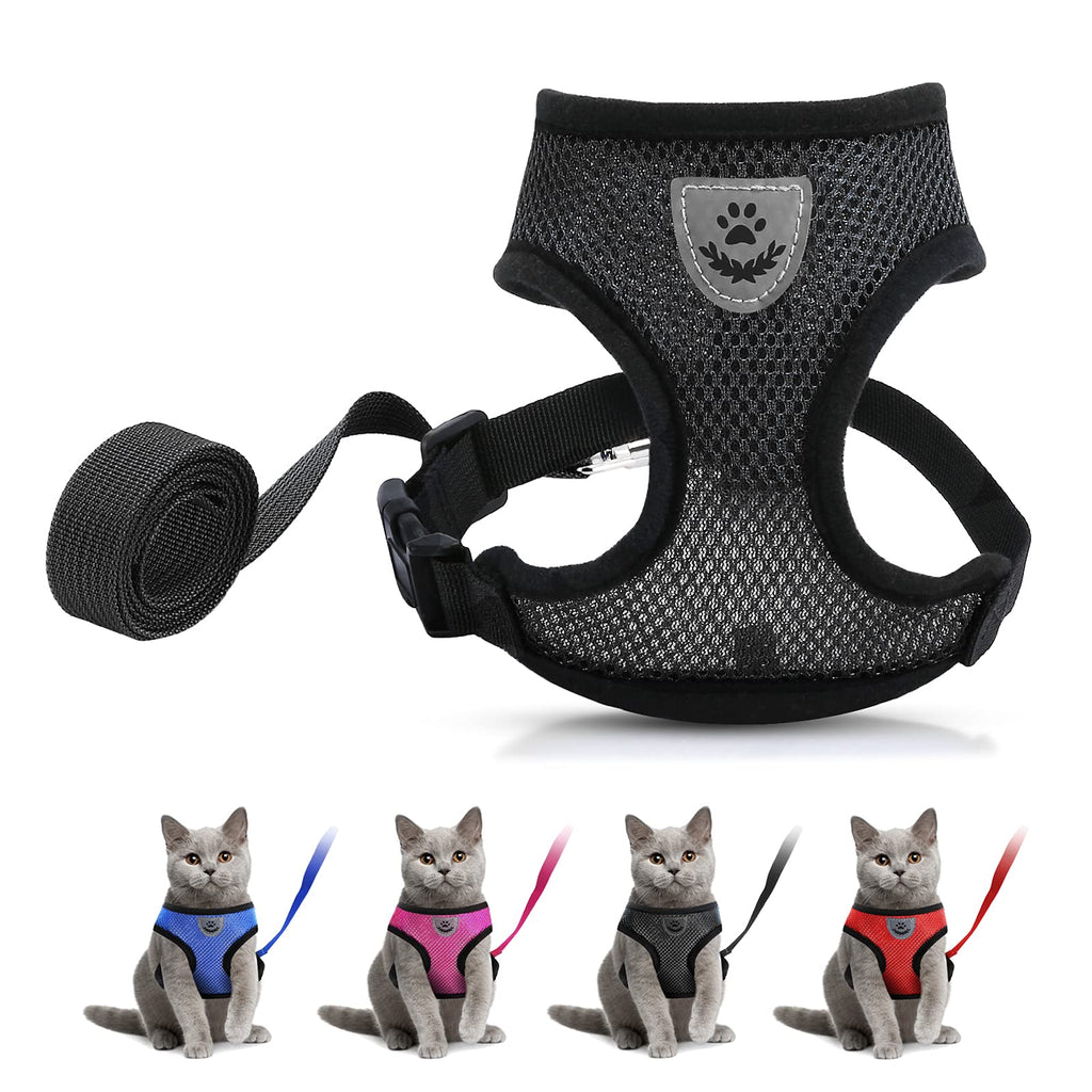 Cat Harness and Leash Set - Escape Proof Adjustable Soft Cat Puppy Vest Breathable with Reflective Strips, Easy Control Cat Jacket for Small, Medium, Large Cats Outdoor Walking(Black Color, S Size) Black Small (Chest: 11" - 13") - PawsPlanet Australia