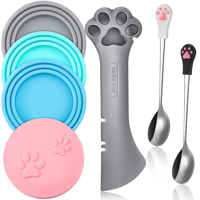 7 Pieces Pet Food Can Supplies Set Include 4 Pieces Silicone Pet Can Covers Cat Can Lids 1 Pieces Multifunctional Pet Can Opener and 2 Pieces Dog Claw Spoons for Pets Dogs Cats Feeding Can - PawsPlanet Australia