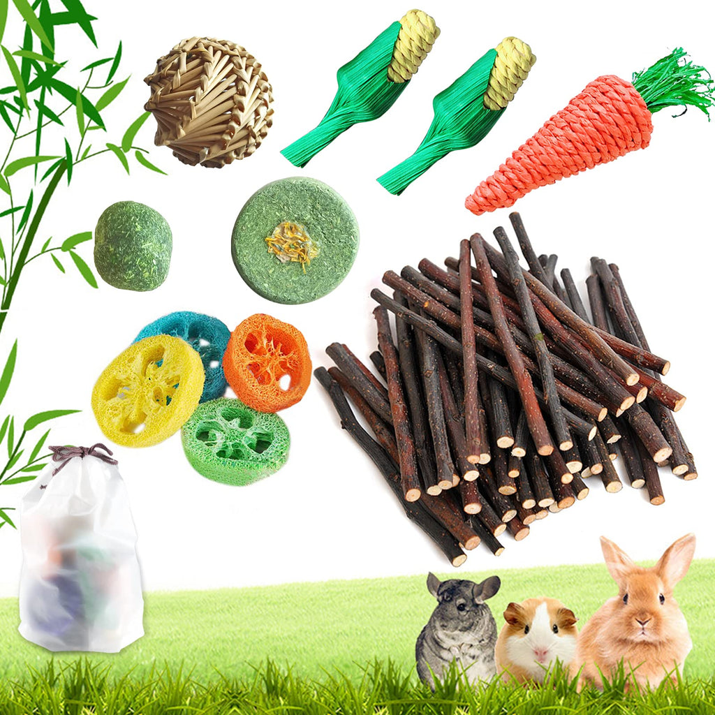 Epessa Rabbit Chew Toys Set, Apple Sticks, Natural Loofah Brass Ball Toys, Carrot & Corn Toy for Dental Health with Storage Bag - PawsPlanet Australia