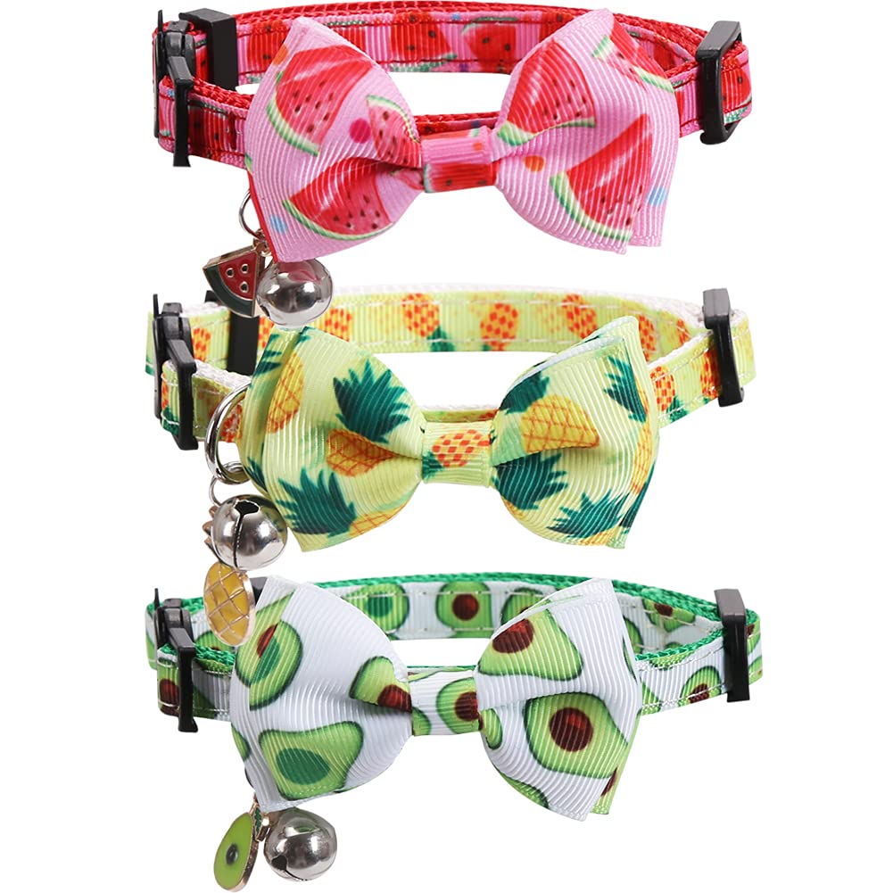 Lamphyface 3 Pack/Set Cat Collar Breakaway with Cute Bow Tie and Bell for Kitty Adjustable Safety Fruit - PawsPlanet Australia