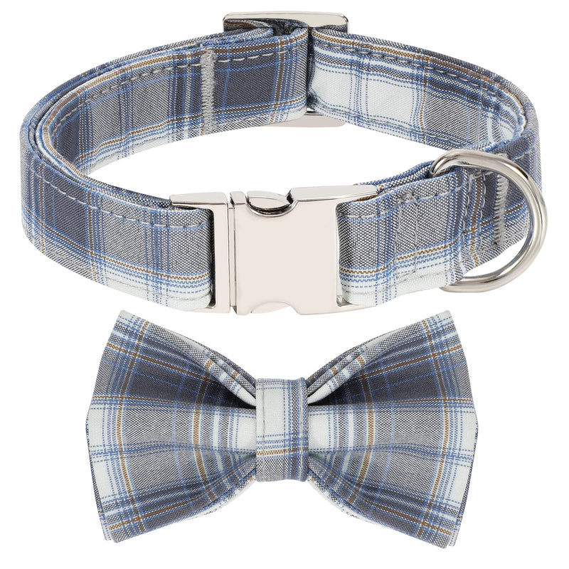 Dog Collar with Bow Tie Cute Pet Collar with Alloy Buckle & D Ring Adjustable Soft Dog Collar for Small Medium Large Boy Dogs Cats Grey-Blue Plaid XS( 7.8"-11.8") - PawsPlanet Australia