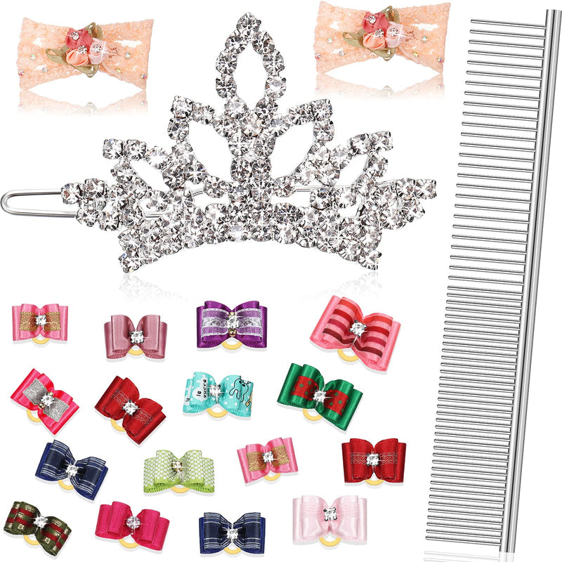 20 Pieces Cute Dog Cat Hair Bows with Rubber Bands Pet Dog Crown Bling Clear Crystal Rhinestone Hair Clips Dog Bling Rhinestone Lace Hair Clips Cat Dog Grooming Comb for Small Dog Cat Hair Accessories - PawsPlanet Australia