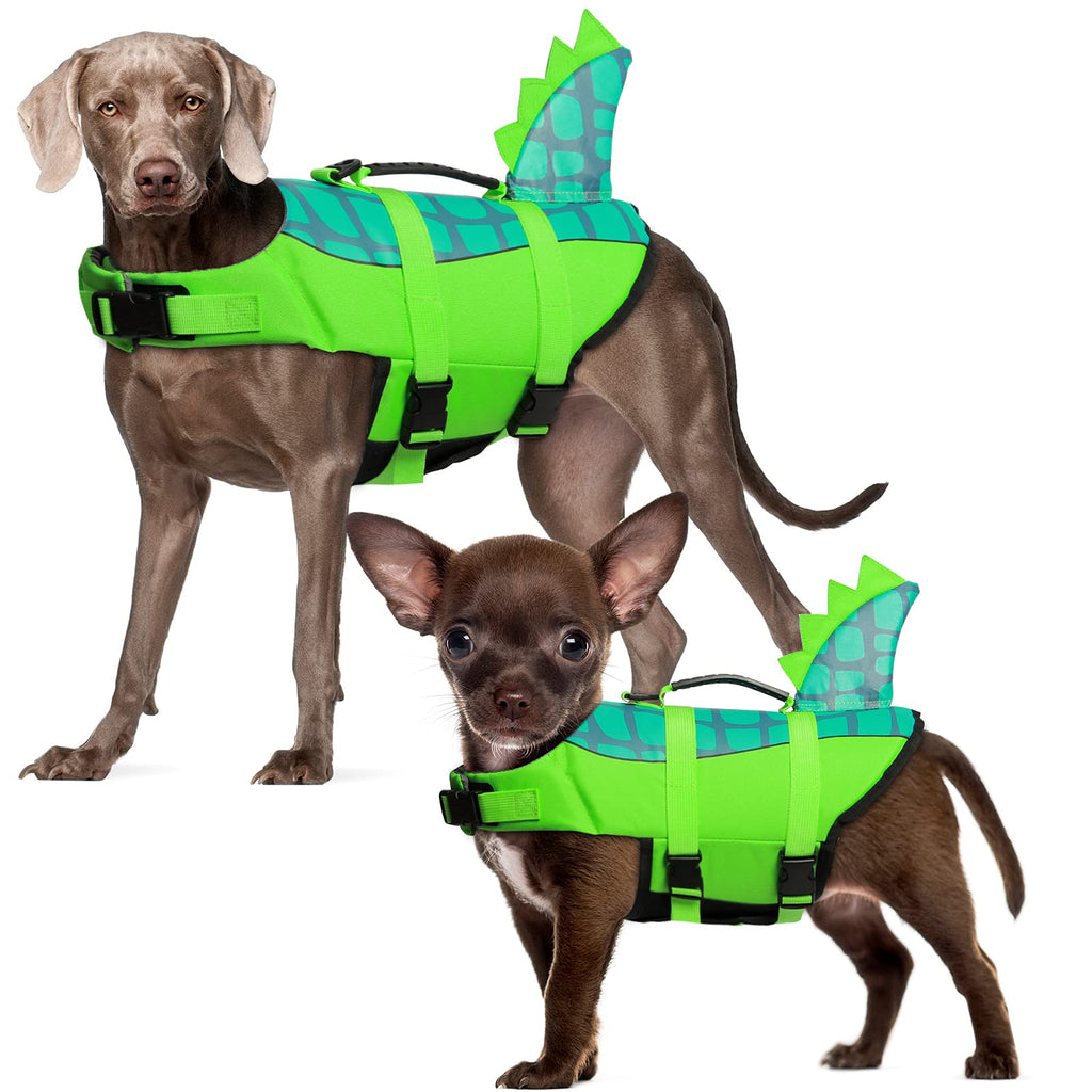 Durable Dog Life Jacket, Adjustable Ripstop Pet Safety Vest, Dog Lifesaver with Rescue Handle for Small Medium or Larger Dog, Eliminate Anxiety/Tension, Enhanced Buoyancy, Swimming, Green Dinosaur XS Green Dinosaurs - PawsPlanet Australia