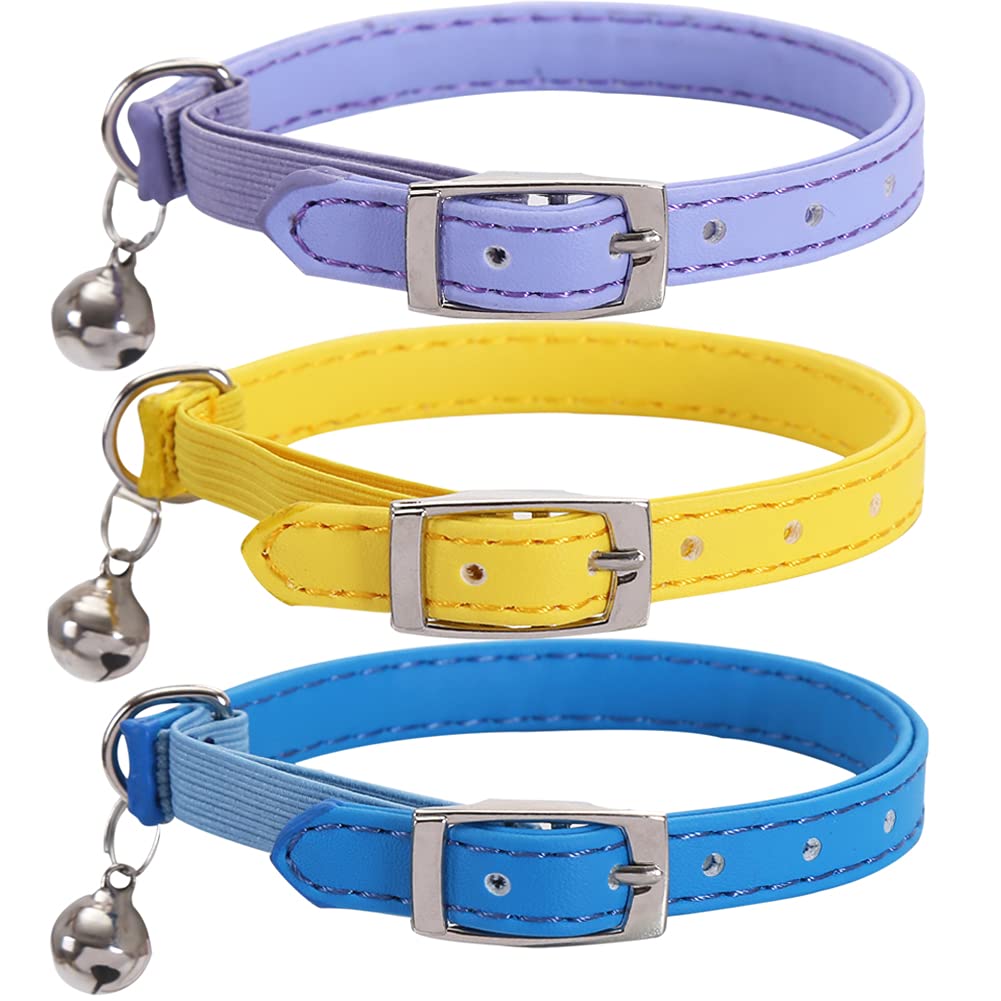 3 Pack Leather Cat Collar Safety with Elastic Strap and Bell for Small Pets Cats Kitty - PawsPlanet Australia