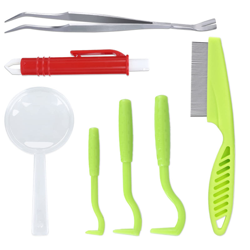 Molain 7 Pcs Dog Tick Remover Tools, 3 Plastic Hook+1 Plastic Tweezer+1 Stainless Steel Tweezer+1 Comb+1 Magnifier, Remover Set for Dogs, Cats and Humans Light Green - PawsPlanet Australia