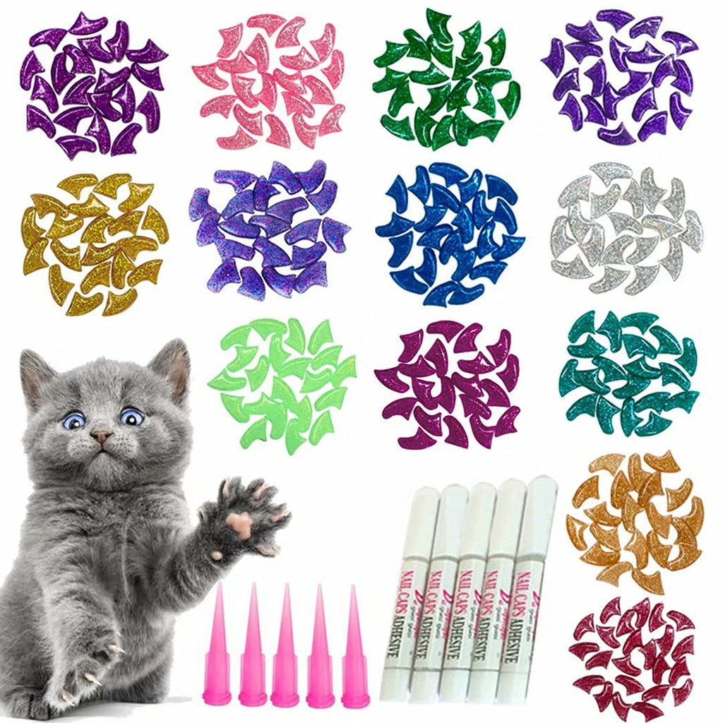 YMCCOOL 100pcs Cat Nail Caps Glitter Cat Claw Covers Kitten Nail Caps Pet Tips with Adhesives and Applicators XS - PawsPlanet Australia
