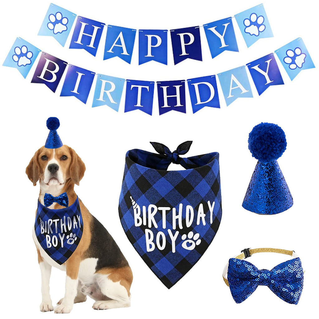 Dog Birthday Bandana Hat Scarf Set, Dog Birthday Party Supplies Dog Bandana Hat Scarfs Happy Birthday Banner with Cute Dog Bow Tie Collar Boy Girl Puppy Birthday Hat Scarf classic plaid design for Dog - PawsPlanet Australia