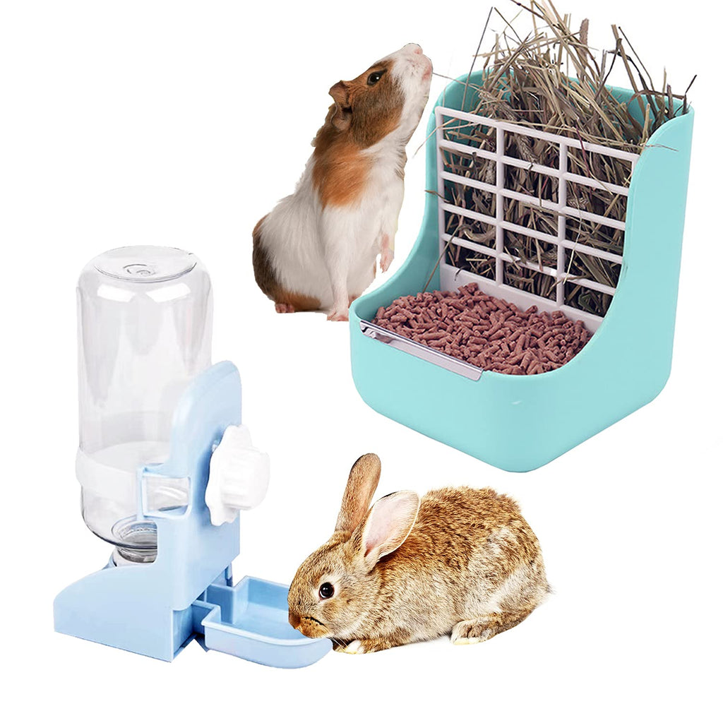 HERCOCCI Rabbit Hay Food Feeders Rack, Guinea Pig Water Bottle No Drip, 2-in-1 Small Pet Rabbit Water Food Feeding Set with Hay Food Feeder Bowls Hanging Water Dispenser for Bunny Chinchilla Syrian - PawsPlanet Australia