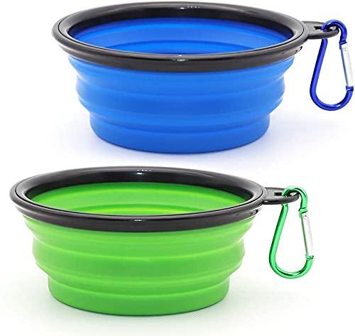 Collapsible Dog Bowls, 12 oz Portable Foldable Travel Water Bowl Food Dishes with Carabiner Clip for Traveling, Hiking, Walking, 2 Pack ( Blue+Green ) (Small) Small - PawsPlanet Australia