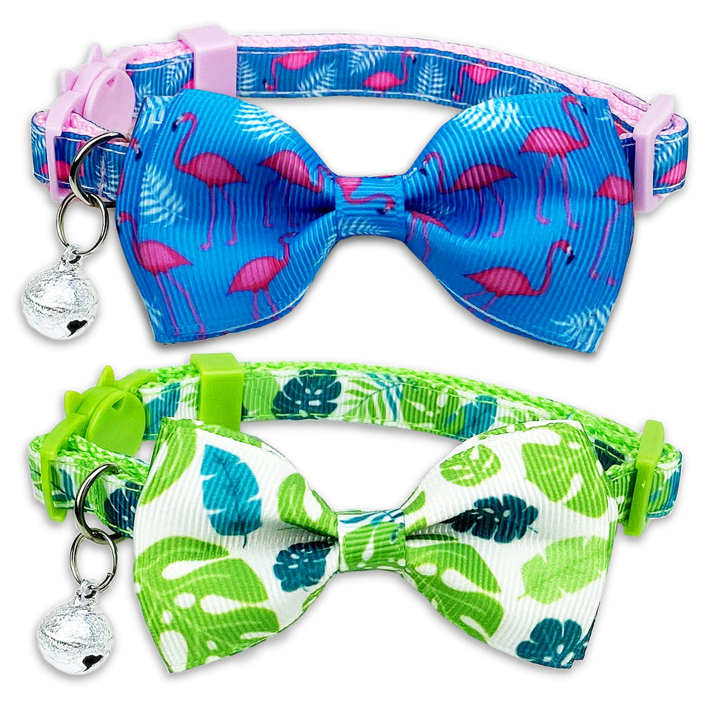 Pohshido 2 Pack Cat Bow Tie Collar with Bells, Summer Holiday Breakaway Buckle Safety Kitty Kitten Collar (Adjustable Size from 7.8-12.8 inch) Flamingo/Palm Tree - PawsPlanet Australia