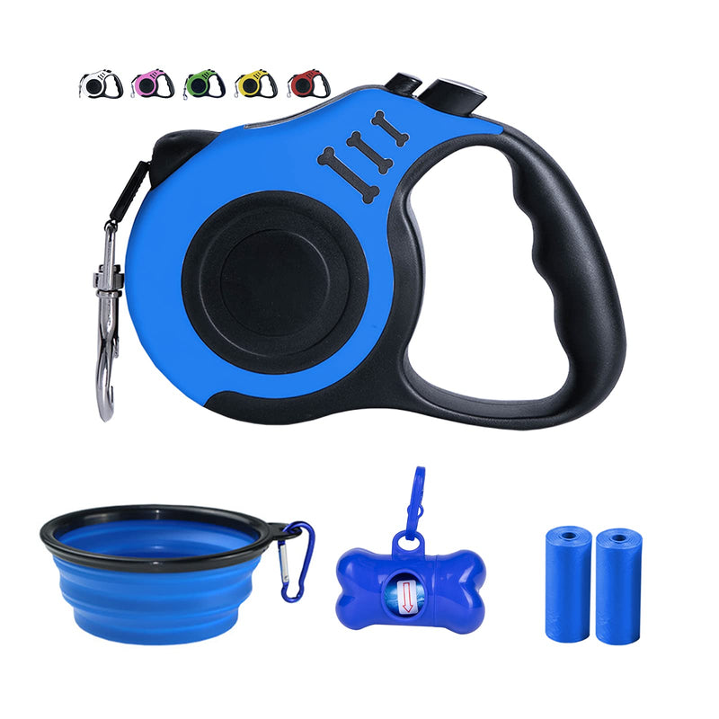 Dunhuang Retractable Dog Leash for X-Small/Small/Medium, 10ft/16ft (for Dogs Up to 22lbs/33lbs), with 1 Free Portable Silicone Dog Bowl + 1 Waste Bag Dispenser + 3 Waste Bag 10ft (for Dogs Up to 22lbs) Blue - PawsPlanet Australia