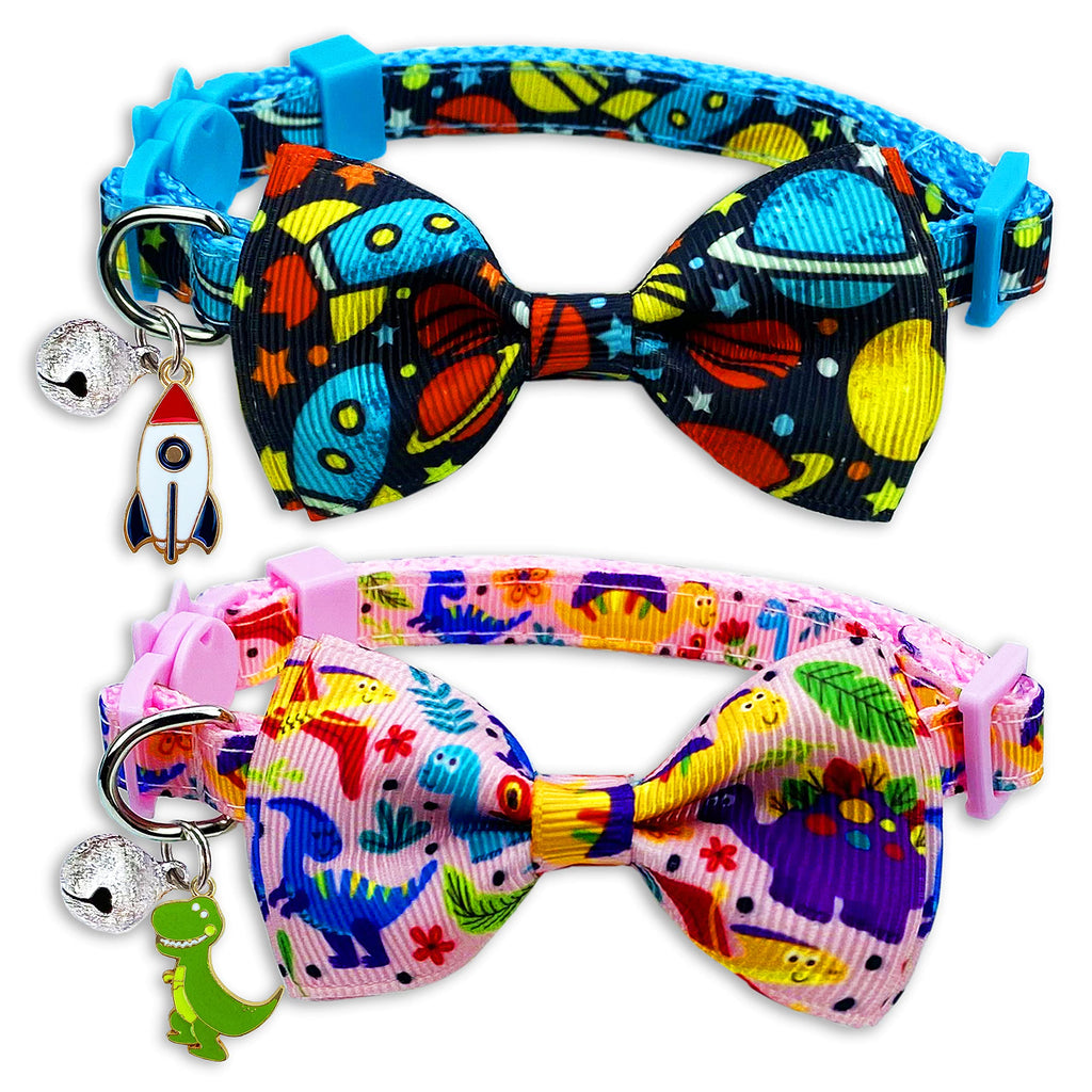 Pohshido 2 Pack Cat Collar with Bow Tie, Kitty Kitten Safety Breakaway Collar with Bells(Adjustable Size from 7.8-12.8 inch) Spaceship/Dinosaur - PawsPlanet Australia