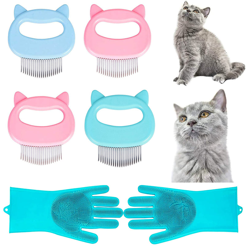 4 Cat Massaging Shell Combs and 2 Pet Grooming Brush Bath Gloves, Cat ＆Dog Massage Hair Removal Soft Deshedding Grooming and Shedding Matted Fur Remover Comb, Silicone Gloves Used for Pets - PawsPlanet Australia