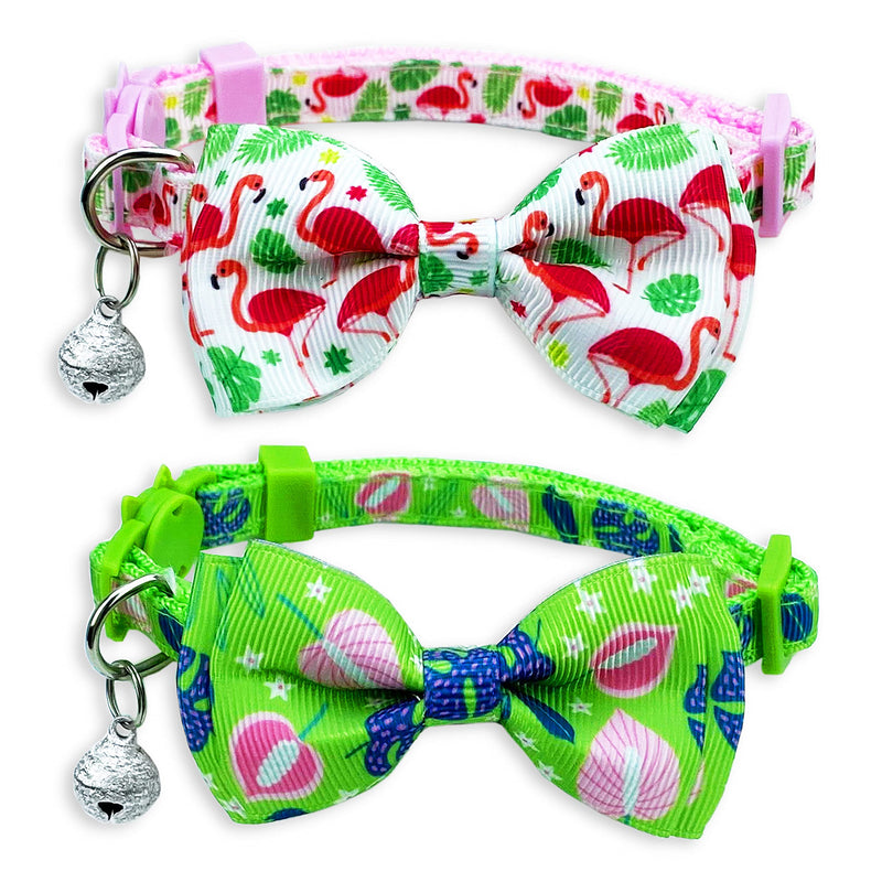 Pohshido 2 Pack Summer Cat Bow Tie Collar with Bells, Kitty Kitten Breakaway Buckle Safety Kitty Kitten Collar (Adjustable Size from 7.8-12.8 inch) Flamingo/Tropical Leaves - PawsPlanet Australia