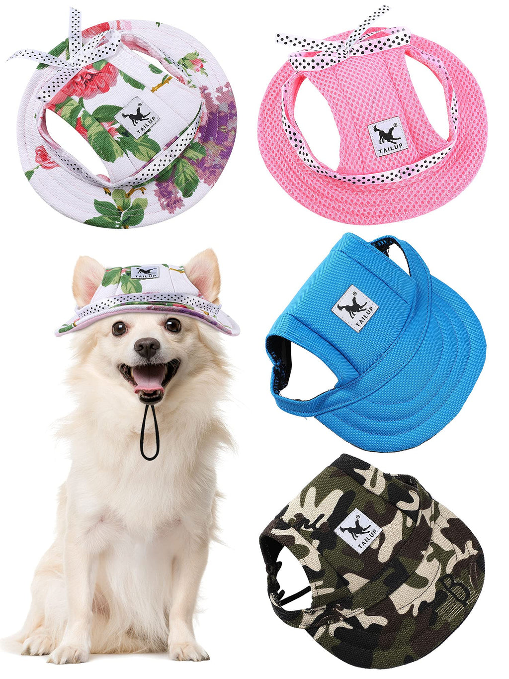 4 Pieces Pet Baseball Caps Round Brim Princess Cap Outdoor Sport Sun Protection Outfit with Neck Strap Adjustable Comfortable Ear Holes for Dogs (Camo, M) Camouflage Medium - PawsPlanet Australia