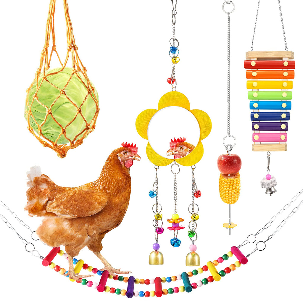 Woiworco 5 Packs Chicken Toys, Chicken Xylophone Toys, Chicken Mirror Toys for Hens, Chicken Ladders Swing Toys and Vegetable Hanging Feeder Chicken Coop Accessories - PawsPlanet Australia