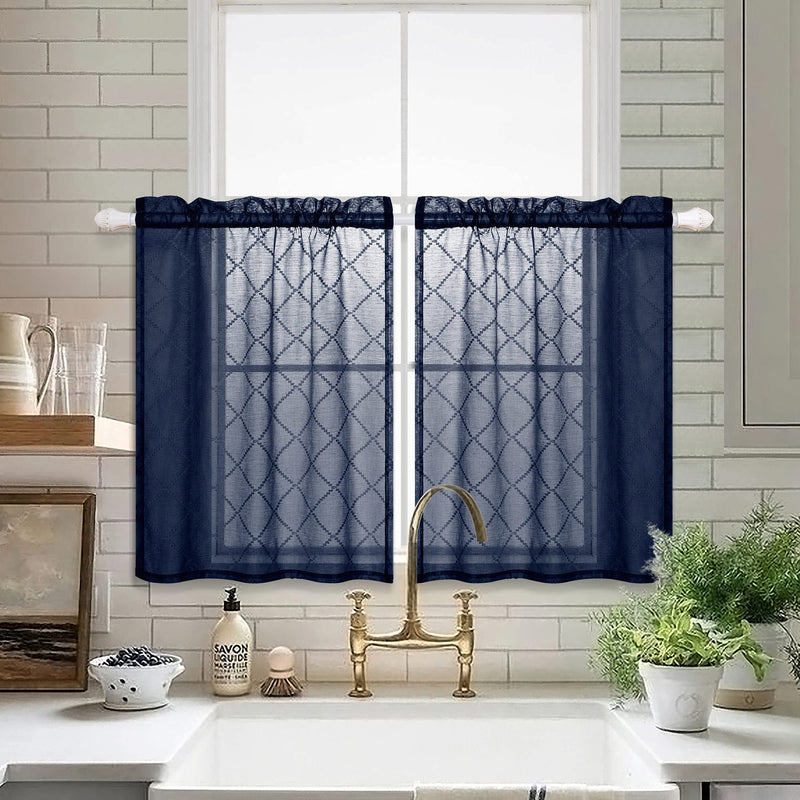 Blue Cafe Curtains 24 Inch Long for Kitchen Geometric Design Diamond Plaid Check Tier Curtains for Bathroom Navy Blue 30 x 24 Inch Length 30x24 - PawsPlanet Australia