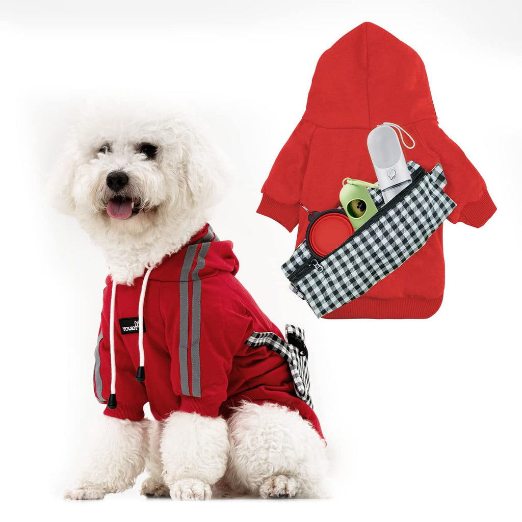Dog Hoodie Sweatshirt Comfortable Long Sleeve Reflective Stripe Pet Clothes for Puppy Dogs Cats with Bag Small Red - PawsPlanet Australia