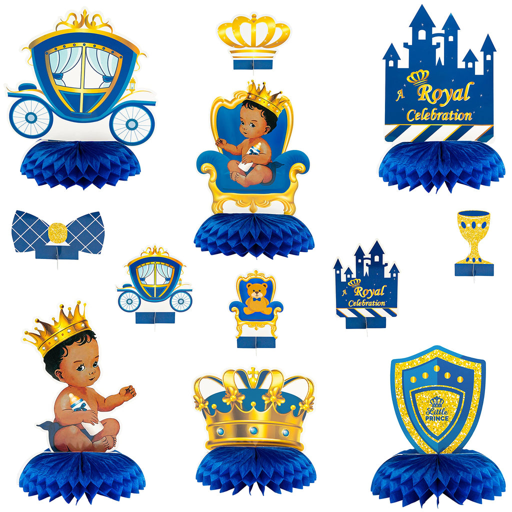 BeYumi 12Pcs Royal Prince Themed Honeycomb Centerpiece Table Toppers for Baby Boys African American Little Prince Black Boys Castle Crown Blue and Gold Baby Shower Birthday Party Supplies Decoration - PawsPlanet Australia