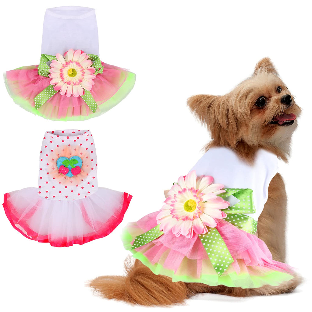 GINDOOR 2 Pieces Girl Dog Clothes - Adorable Tutu Dog Dresses Cherry & Sun Flower Printed Puppy Dog Princess Dresses Pet Summer Clothes Dog Apparel for Small Dogs and Cats S Small / Weight (3-5lb) - PawsPlanet Australia