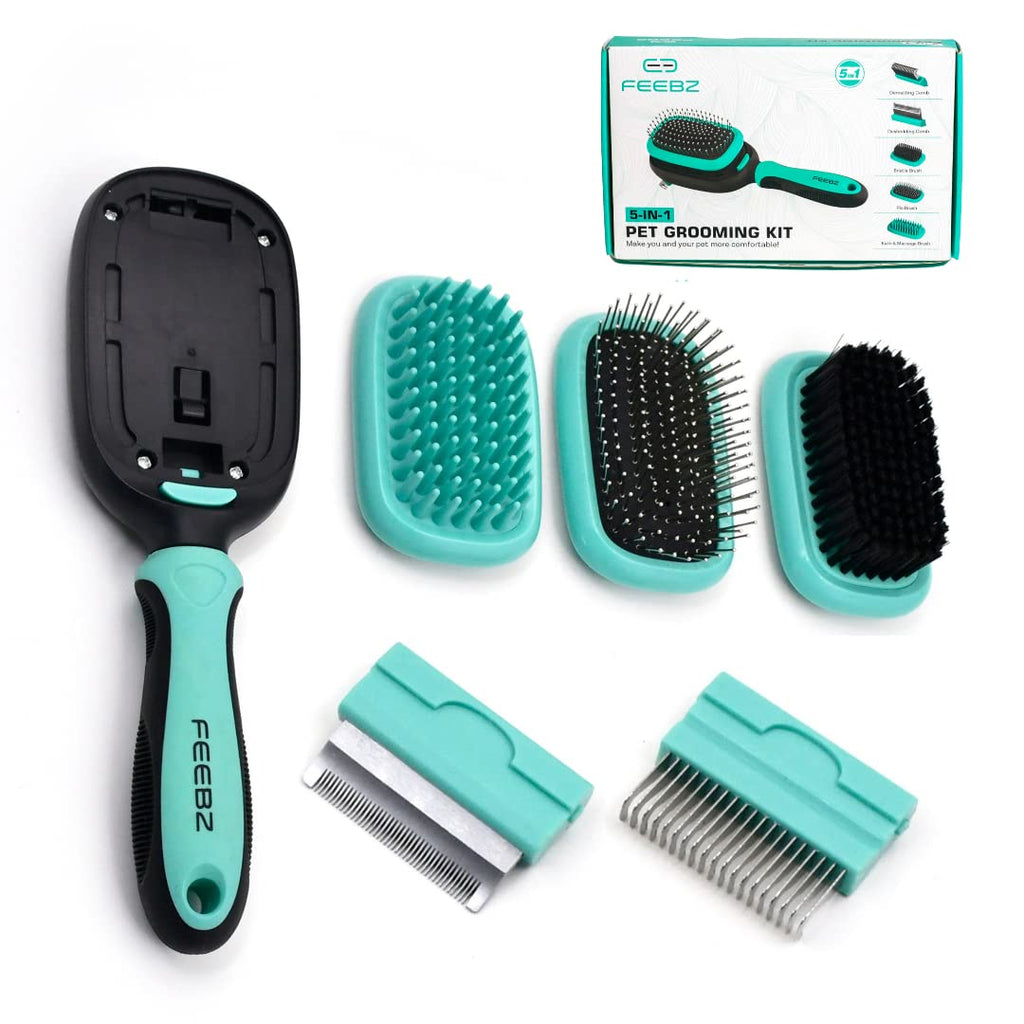 FEEBZ Dog Brush and Cat Brush | 5-in-1 Grooming Kit, Comb and Brush Accessories for Deshedding and Dematting Cats and Dogs | Brushes for Long Hair or Short Haired Pet | Prevent Shedding and Remove Fur - PawsPlanet Australia