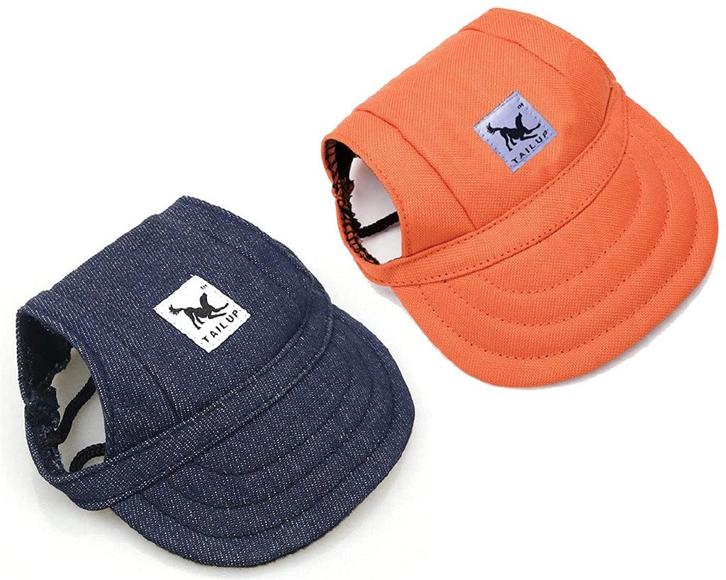 Dog Baseball Cap(2Pack) Outdoor Sun Protection Dog Hat Visor with Ear Holes Adjustable Sunbonnet for Puppy Dogs Small (head:11.4 in) Orange, Denim Blue - PawsPlanet Australia