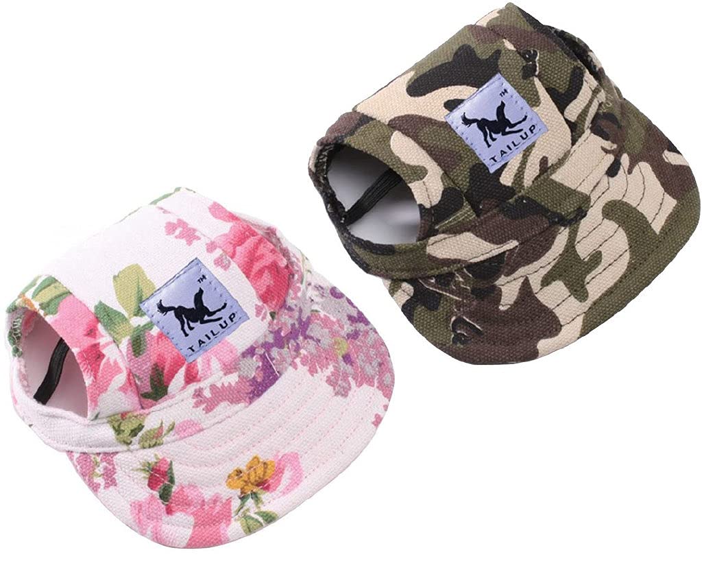 FamilyPlus Dog Baseball Cap(2Pack) Outdoor Sun Protection Dog Hat Visor with Ear Holes Adjustable Sunbonnet for Puppy Dogs（Flowers, Camouflage,S） S(head:11.4") Flowers, Camouflage - PawsPlanet Australia