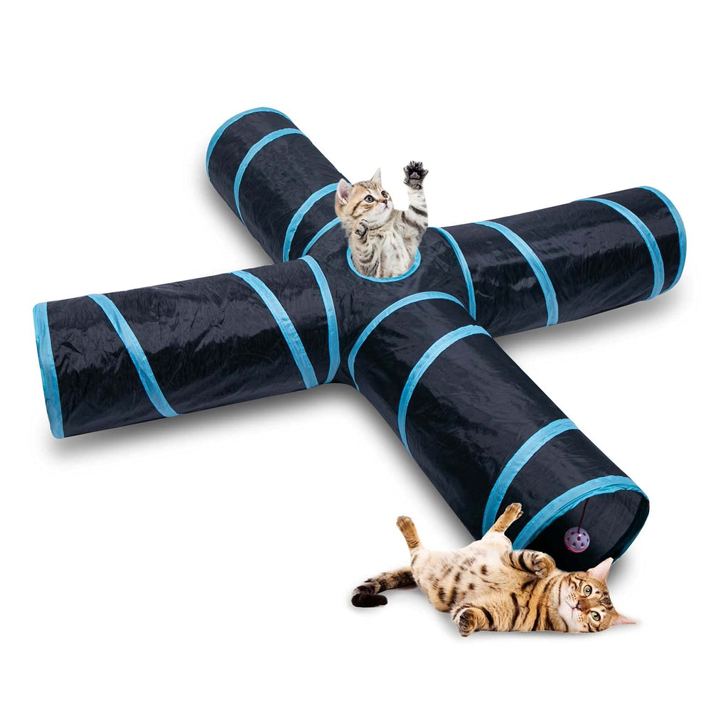 Sheldamy Cat Tunnel, S-4/5 Way 4 Way Cat Tunnels for Indoor Cats, Collapsible Cat Play Tunnel, Interactive Toy Maze Cat House with 1 Play Ball for Cats, Puppy, Kitty, Kitten, Rabbit 4-way Black & Blue - PawsPlanet Australia