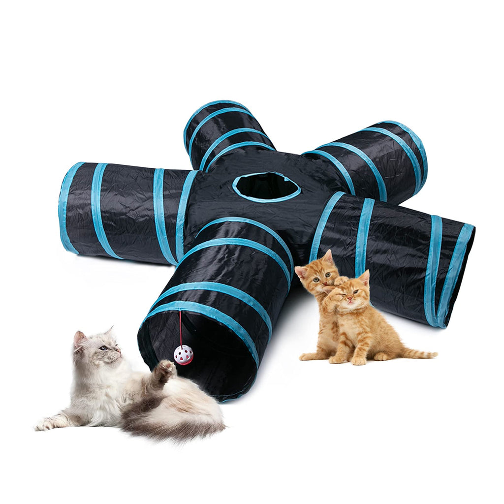 Sheldamy Cat Tunnel, 5-Way Collapsible Cat Tunnel with Peek Hole and Play Ball, Cat Tunnels for Indoor Cats, Puppy, Kitty, Kitten, Rabbit Black & Blue - PawsPlanet Australia