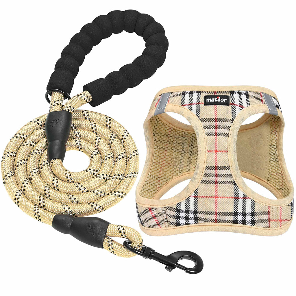 matilor Dog Harness Step-in Breathable Puppy Cat Dog Vest Harnesses for Small Medium Dogs XS (Chest 10''-11.5'', Weight 5-8 lb) Beige Plaid - PawsPlanet Australia