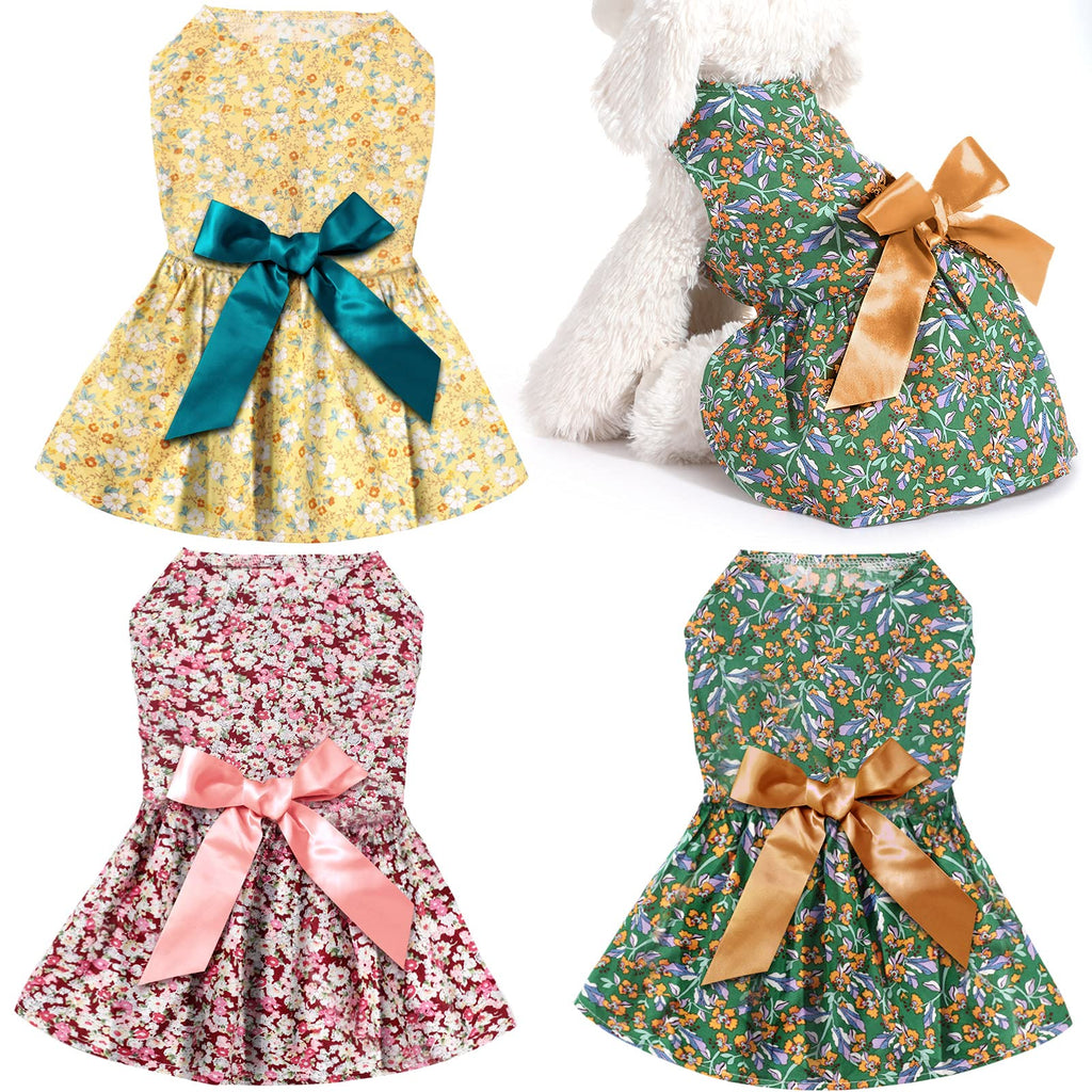 3 Pieces Cute Ribbon Dog Dress for Small Medium Dogs Flowers Pattern Bows Puppy Shirts Dog Clothes Pet Apparel or Dogs Cats in Wedding Holiday Christmas New Year Summer Bright Flowers - PawsPlanet Australia