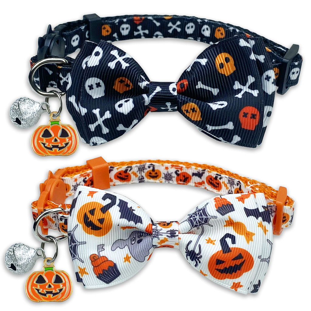 Pohshido 2 Pack Halloween Cat Bowtie Collar with Bell, Holiday Jack-O-Lantern and Candycorn Collar for Kitty Kittern Male Female Cats Jack-O-Lantern/Skeleton Dance - PawsPlanet Australia