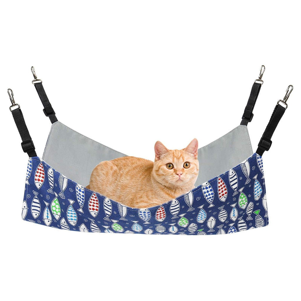 Petmolico Cat Hanging Hammock Bed, Pet Cage Hammock Adjustable Strap and Reversible Double-Sided Hammock for Cats/Kitten/Puppy/Small Dogs/Rabbits/Other Small Animals, Blue Fish, Small - PawsPlanet Australia