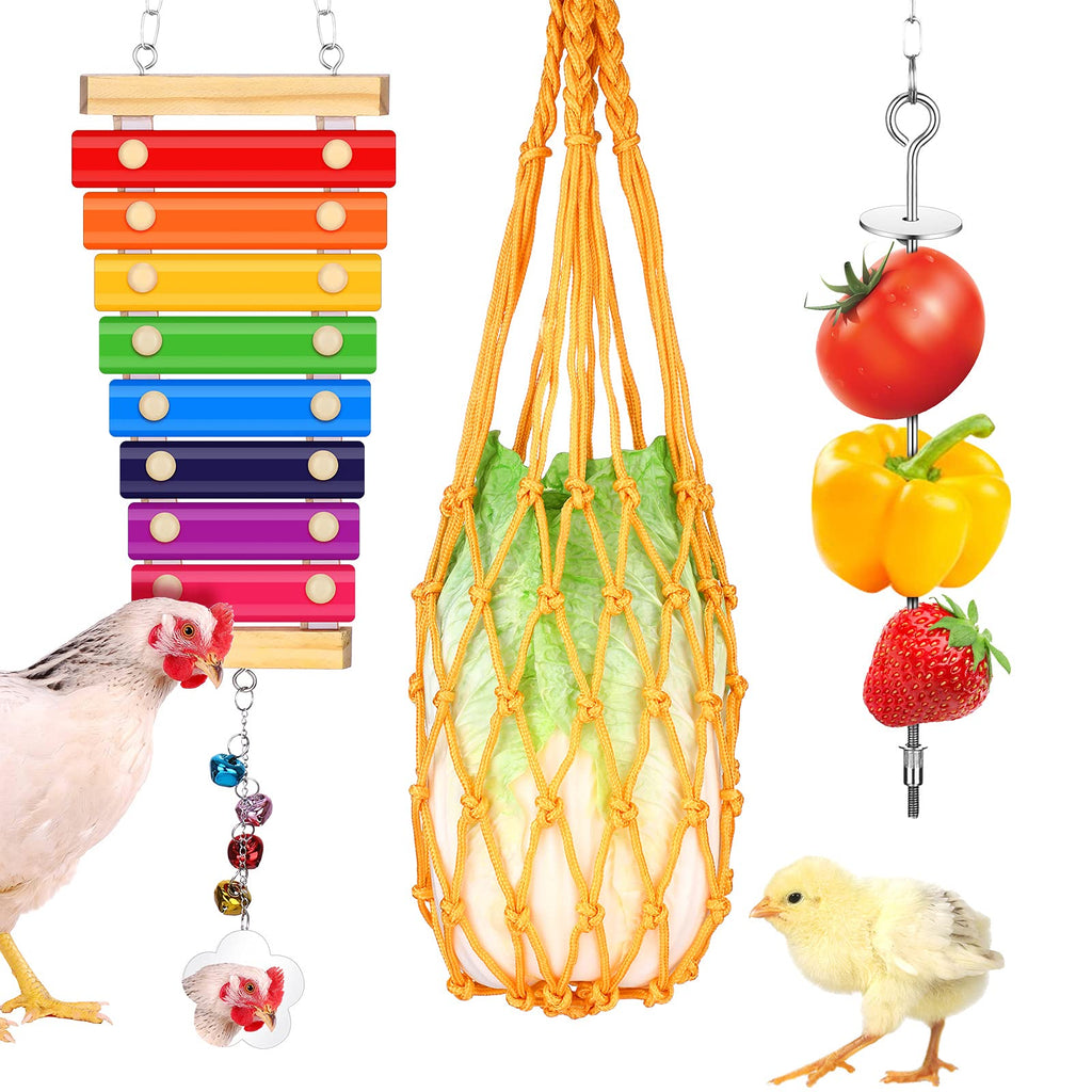 Sumind 3 Pieces Chicken Toys for Coop, Chicken Xylophone Toy with Mirror and Bells, Chicken Veggies Skewers, Vegetable Hanging Feeder Bag for Chicken Hens Chicks Roosters - PawsPlanet Australia