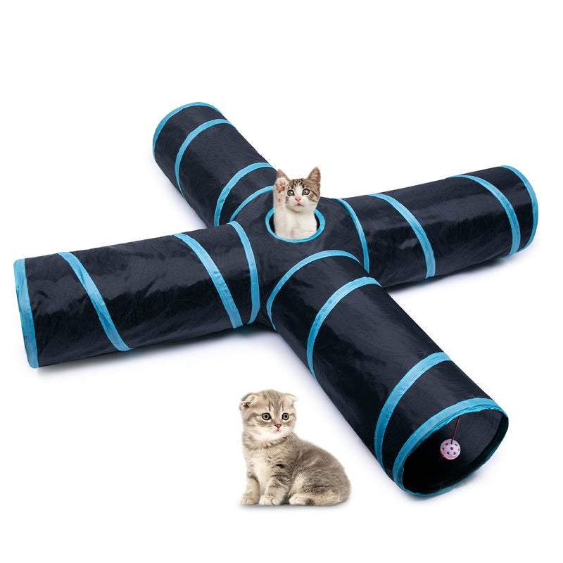 EGETOTA Cat Tunnel for Indoor Cats Large, 4 Way Collapsible Tubes with Play Ball, Kitty, Kitten, Rabbit Toys Sport Pet Tunnels, Pop Up Design (Blue & Black) Blue & Black (XL-20.86'') - PawsPlanet Australia